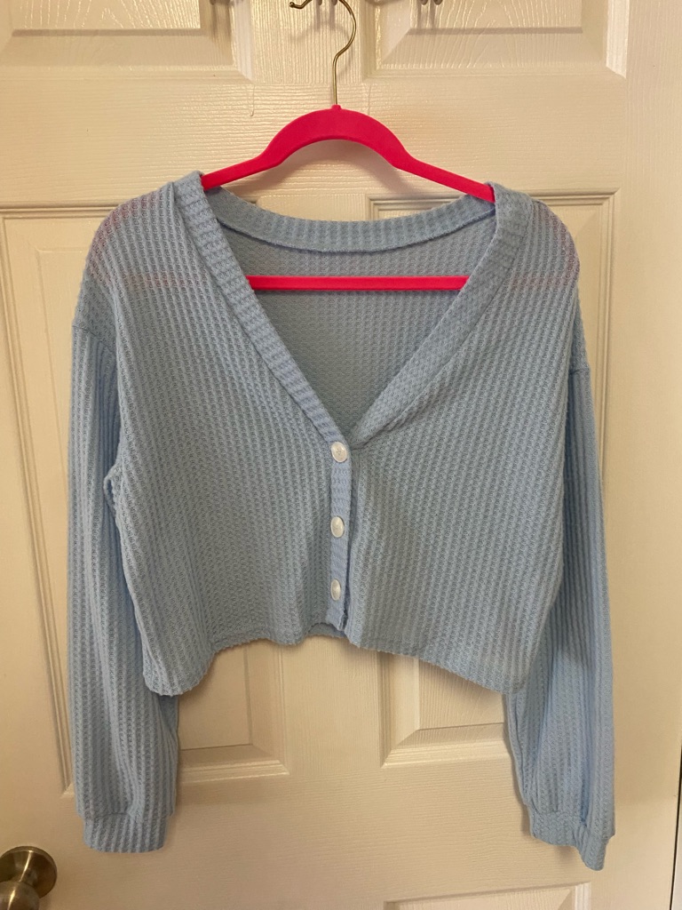 Shein Light Blue Waffle Knit Cropped Cardigan